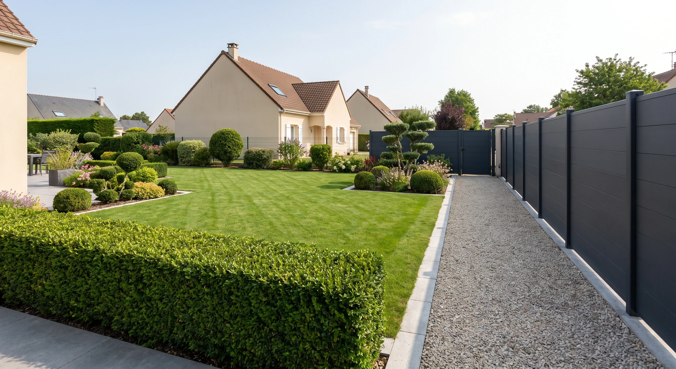 Photographie réelle d'un jardin résidentiel entièrement aménagé et entretenu par la paysagiste, montrant une pelouse verte impeccablement tondue, des massifs paysagers bien structurés avec arbustes taillés, une allée en gravier propre bordée de béton, une clôture rigide moderne en panneaux gris anthracite, et une haie dense taillée au premier plan. La scène doit capturer une propriété pavillonnaire française avec ciel dégagé, lumière naturelle de jour, showcasing le savoir-faire complet en entretien et aménagement. Aucun texte ni logo visible.