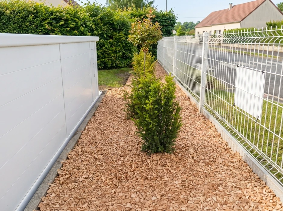 Allée latérale d'un bâtiment résidentiel, aménagée avec des thuyas (*Thuja occidentalis*) en rang, sur un paillage de copeaux de bois