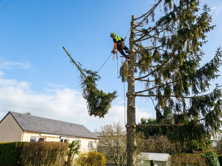 Élagueur professionnel perché en hauteur dans un grand conifère, effectuant un abattage en couronne