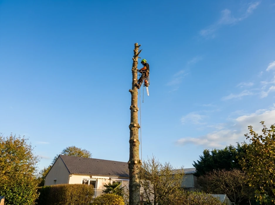 Arboriste grimpeur en action au sommet d'un grand arbre élagué, équipé d'un casque vert, harnais de sécurité et tronçonneuse à guide-chaîne