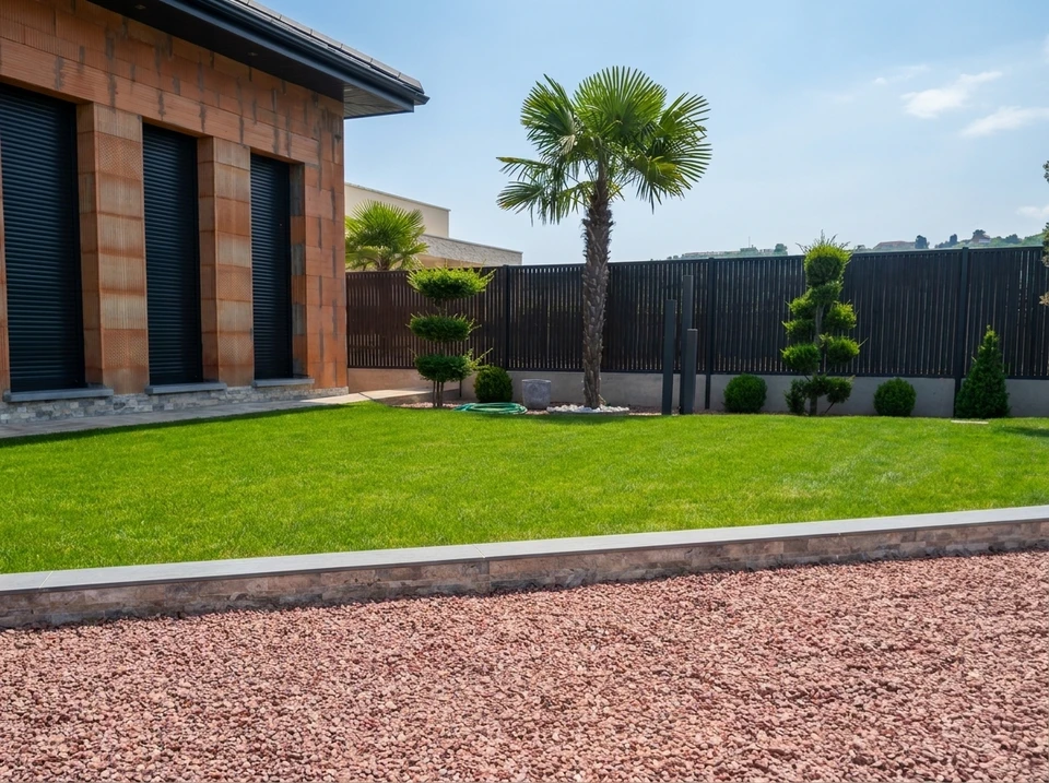 Jardin paysager moderne, extérieur résidentiel ensoleillé