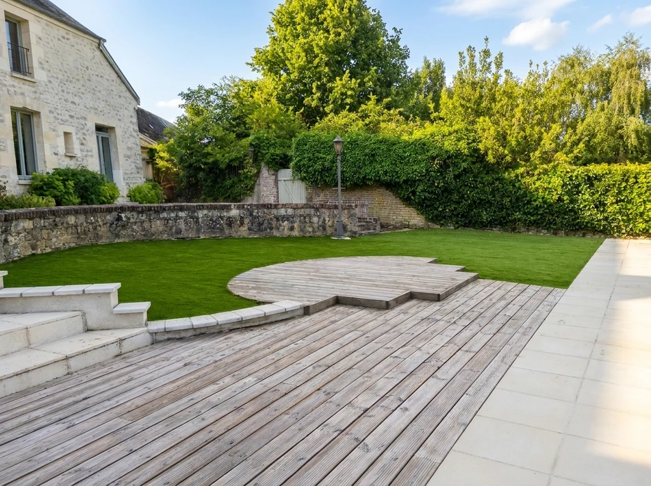 Jardin aménagé avec terrasse en bois composite grisé, pelouse en gazon synthétique vert vif, escalier en pierre calcaire