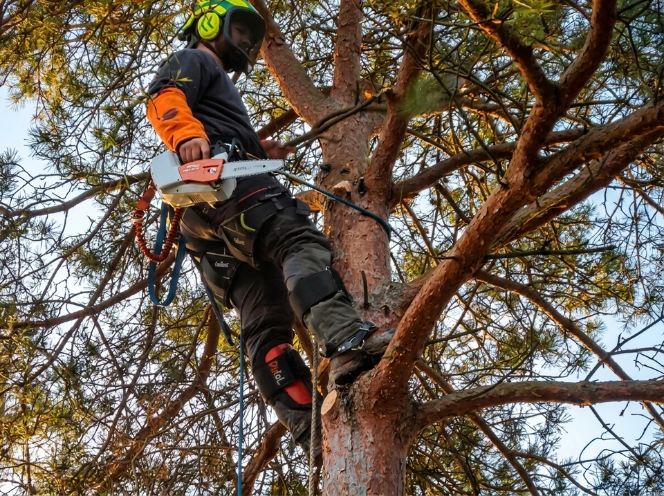 Arboriste-grimpeur en hauteur dans un pin, portant un harnais d'élagage, pantalon anti-coupure Solidur, jambières de protection Pfanner