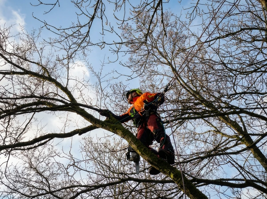 Arboriste-grimpeur en hauteur dans un grand arbre feuillu sans feuilles, portant EPI complets : casque vert, veste haute-visibilité orange, pantalon anti-coupure rouge