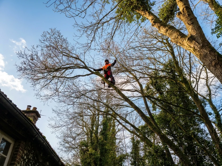 Arboriste en combinaison orange et harnais de sécurité, perché en hauteur dans un grand arbre feuillu sans feuilles, effectuant des travaux d'élagage