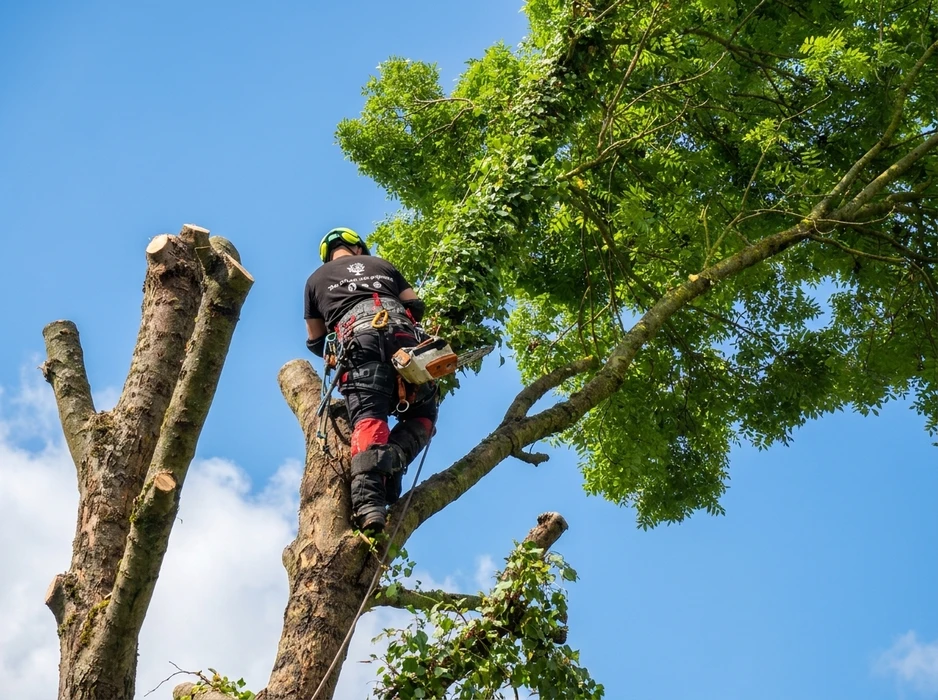 Élagueur professionnel perché en hauteur dans un arbre, effectuant un abattage en sections
