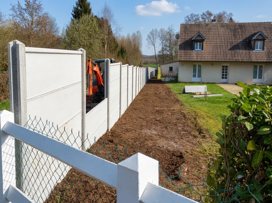 Allée latérale d'une maison pavillonnaire avec revêtement en gravillon calcaire beige fraîchement posé, bordé de pavés en béton