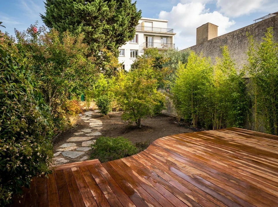 Jardin paysager moderne, extérieur résidentiel ensoleillé
